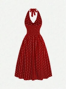 Sweetra 女士夏季休闲假日波尔卡圆点印花露背连衣裙 - 紅白色 - 查看 2