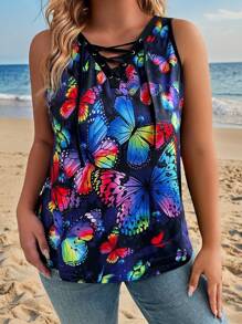SHEIN LUNE Blusa informal de talla grande con estampado de mariposa calada en todo el frente y lazo