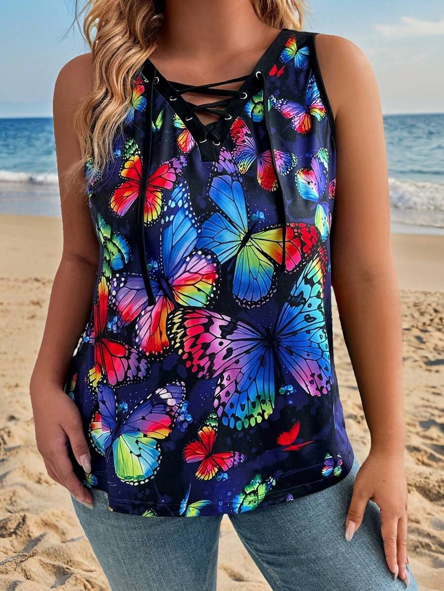 SHEIN LUNE Plus Size Hollow-Out Butterfly Allover Print Front Tie Casual Top - Multicolor - View 1
