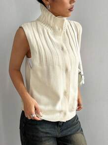 Flirla Women's Casual Solid Color Front Button Knitted Sweater Vest, Autumn/Winter - Apricot - View 3