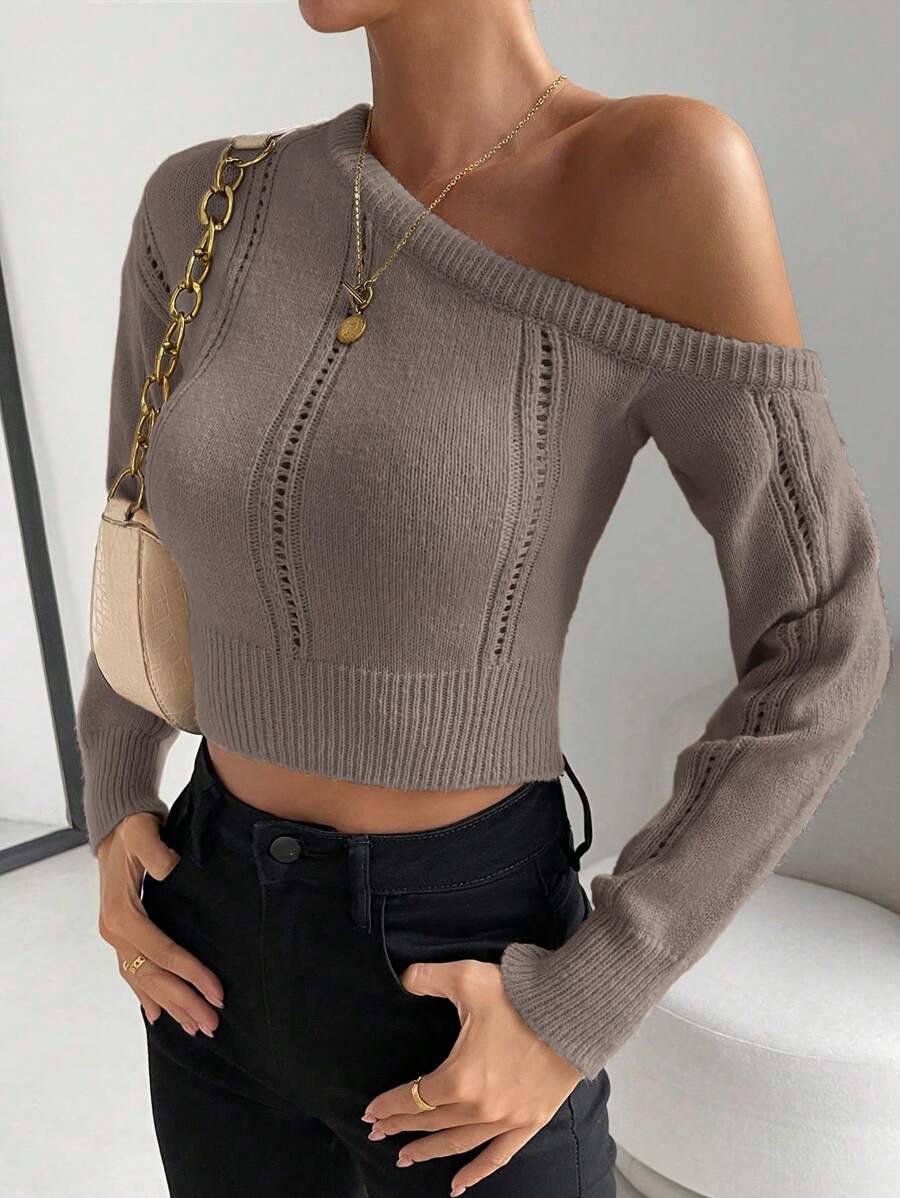 Chiquease 纯色不对称领口休闲长袖套头毛衣针织衫秋冬款 - 咖啡棕 - 查看 1