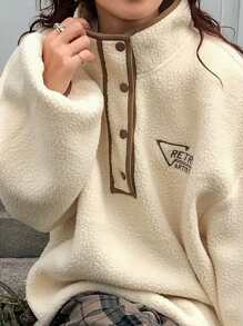 FRIFUL 女士休闲字母刺绣撞色滚边宽松高领泰迪绒卫衣，秋冬季，长袖上衣，保暖内衬