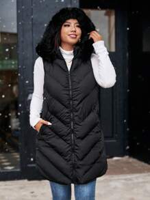 Franclia Chaleco acolchado con capucha y cuello esponjoso para mujer de talla grande, prendas de vestir de invierno