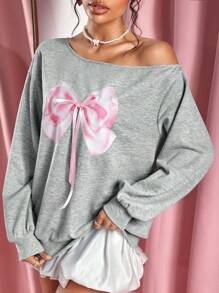 SHEIN SXY Grey Sweatshirt With Bow Print & Dropped Shoulders, Autumn/Winter Pullover Fall - Grey - View 5