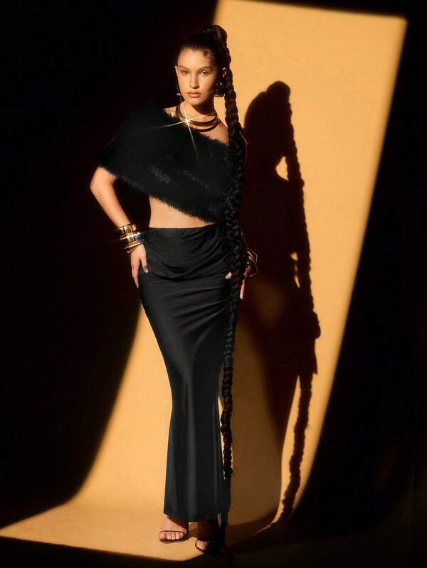 Lumalex Fall Winter Thanksgiving Rave Festival Formal Prom New Years Eve Concert Party Plush Elegant Luxury Asymmetrical Shoulder Long Fluffy Coat Autumn Winter Party