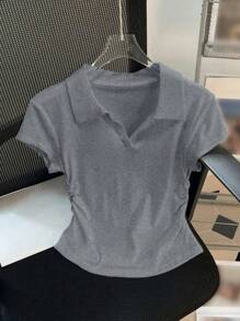 SHEIN Essnce V 领短袖 T 恤，女式夏季修身短款 Polo 衫