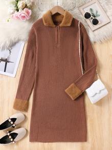 少女棕色针织领长袖连衣裙，秋冬新款