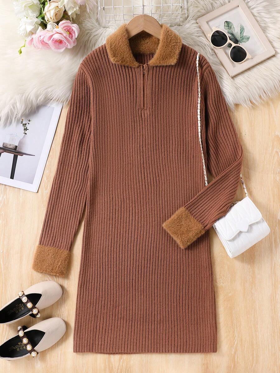 少女棕色针织领长袖连衣裙，秋冬新款