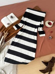 SHEIN Privé Plus Size Elegant Off Shoulder Vertical Striped Long Sweater Dress For Fall/Winter - Multicolor - View 2