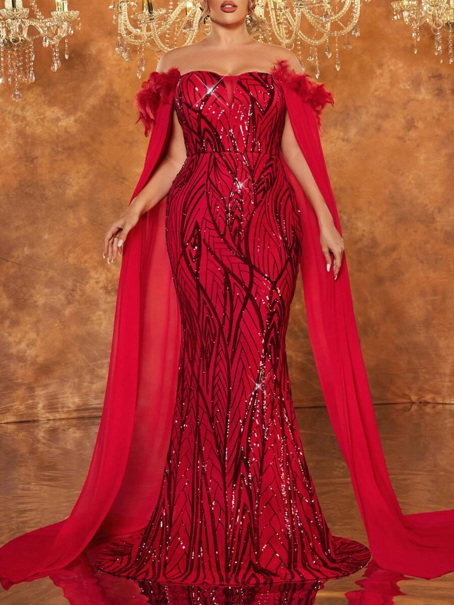 Glamrae Plus Size Red Luxury Sequins Embroidery Turkey Feather