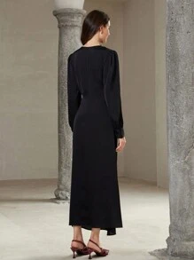 EMERY ROSE 纯色系腰灯笼袖 V 领连衣裙 - 黑色 - 查看 2