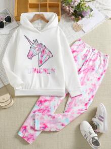 2 件女童休闲可爱独角兽和字母扎染印花连帽衫和紧身裤套装，适合春秋季节 - 黑色 - 查看 1