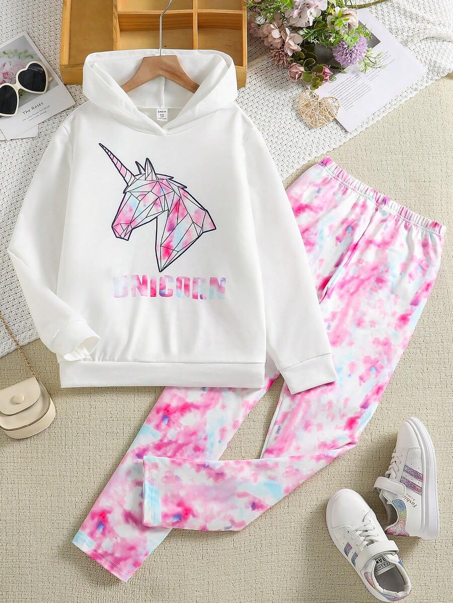 2 件女童休闲可爱独角兽和字母扎染印花连帽衫和紧身裤套装，适合春秋季节 - 黑色 - 查看 1