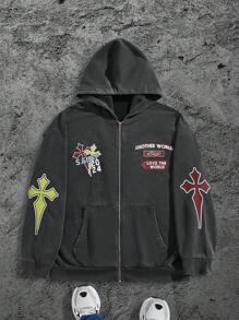 Manfinity Roughcore Sudadera tipo hoodie con cremallera y estampado de letra y cruz talla grande para hombre, otoño - Negro - Ver 1