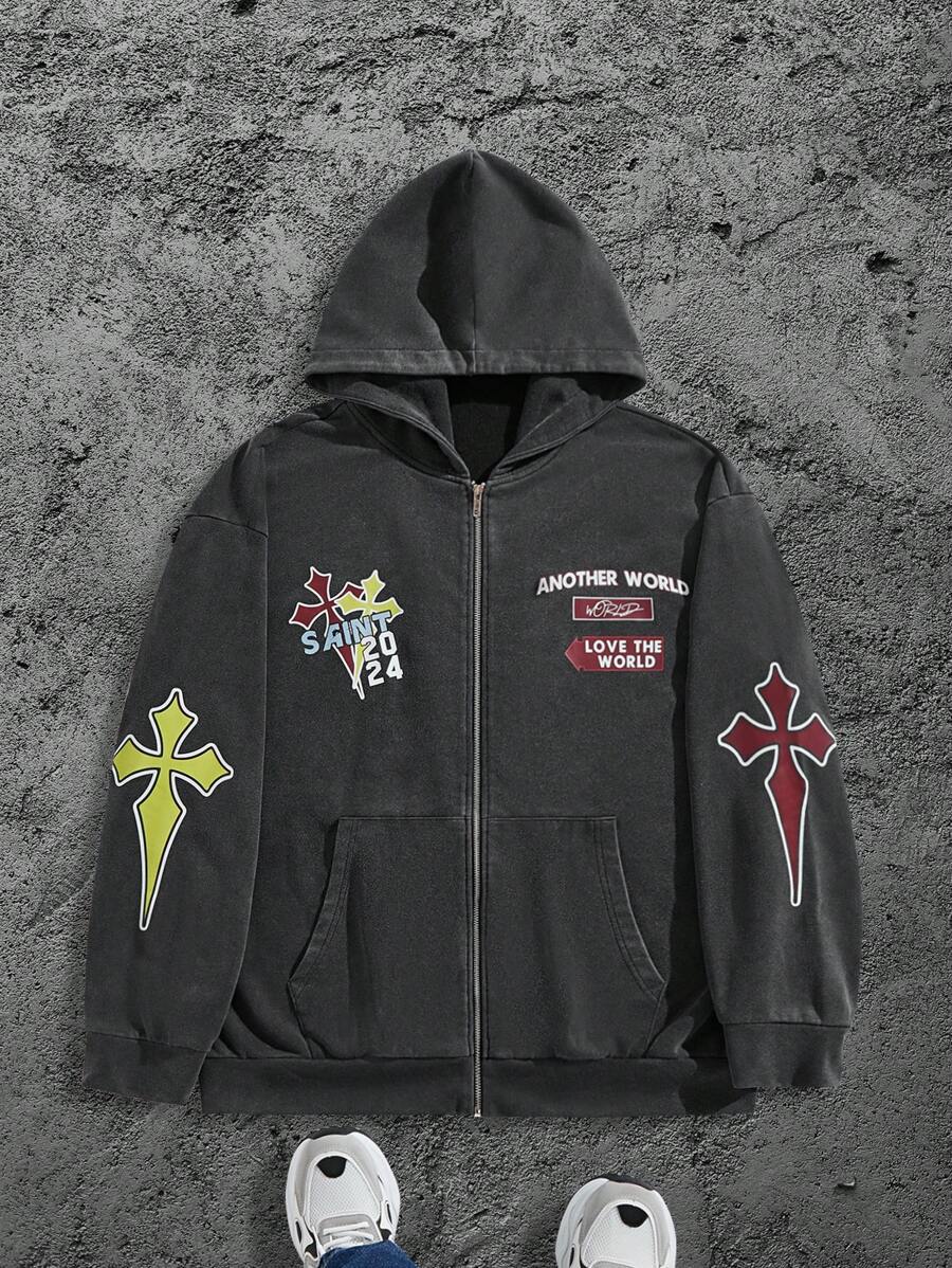 Manfinity Roughcore Sudadera tipo hoodie con cremallera y estampado de letra y cruz talla grande para hombre, otoño - Negro - Ver 1