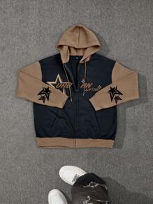 Manfinity EMRG Men's Hooded Drawstring Long Sleeve Pentagram Print Contrast Color Casual Sweatshirt