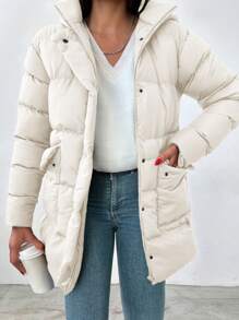 EURMUSE 女士纯色拉链休闲日常夹克，简约时尚，冬季 - 杏色 - 查看 1