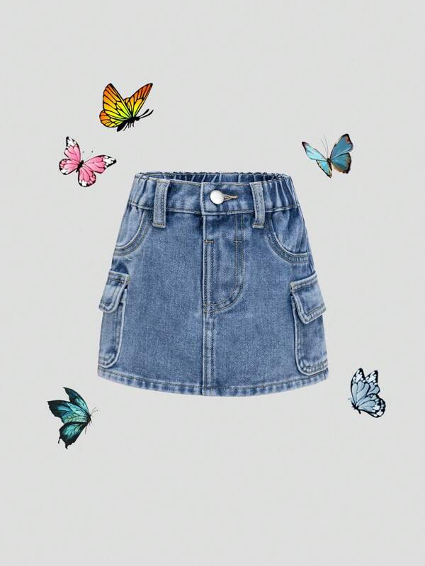 SHEIN Baby Girls' Medium Wash Denim Casual Skirt