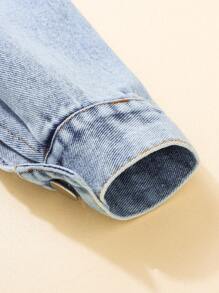 Young Girl Autumn Patchwork Frill Trim Long Sleeve Denim Jacket And Mini Skirt 2 Pieces Set - Medium Wash - View 3