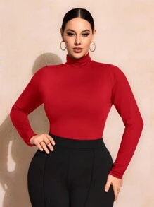 SHEIN SXY Plus Size Solid Color Slim Fit High-Necked Long Sleeve All-Match T-Shirt Basic Tees - Red - View 4