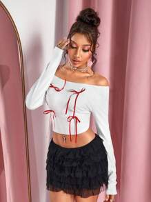 SHEIN SXY 秋冬露肩蝴蝶结白色长袖T恤，百搭设计 - 白色 - 查看 6