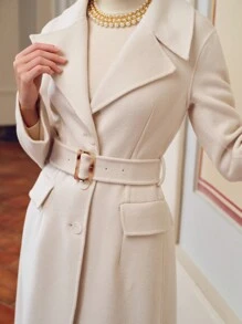 ZEYLAH WOOL LAPEL COLLAR FLAP DETAIL BUCKLE BELTED OVERCOAT - Beige - View 3