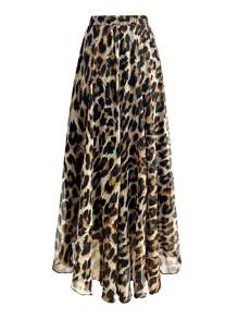 Franclia Rok Maxi Chiffon Motif Leopard Pinggang Elastis Ukuran Besar untuk Wanita, Cocok untuk Musim Gugur - MultiWarna - View 2