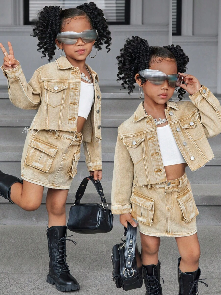 SHEIN 2 件套年轻女孩卡其色牛仔领长袖夹克