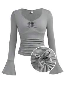 SHEIN Áo thun nhung họa tiết nơ thắt eo thời trang cổ chữ V trơn màu cho bé gái tuổi teen - Xám - Xem 1