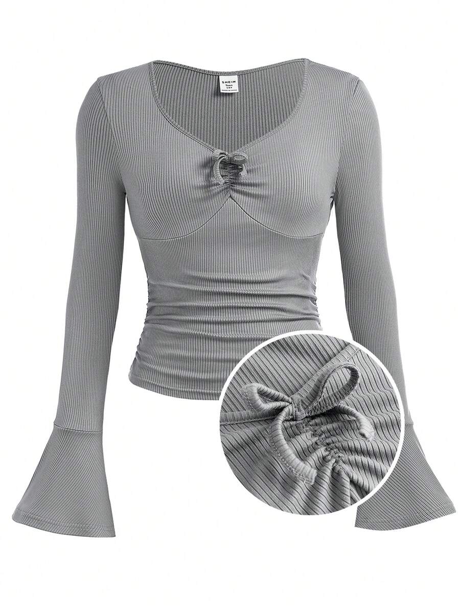 SHEIN Áo thun nhung họa tiết nơ thắt eo thời trang cổ chữ V trơn màu cho bé gái tuổi teen - Xám - Xem 1