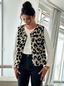 Firerie 女式单排扣豹纹泰迪羊毛休闲背心夹克，秋冬 - 彩色 - 查看 3