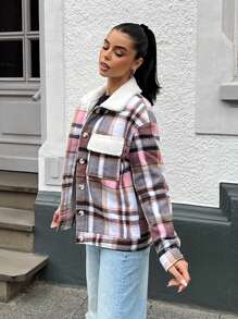SHEIN EZwear Femei, culoare contrastantă, guler pufos, cu mânecă lungă, buzunar cargo, în carouri, toamnă/iarnă - Kaki - Vizualizare 5