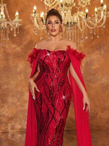 Glamrae Plus Size Red Luxury Sequins Embroidery Turkey Feather Large Shawl Halloween Prom Elegant Formal Evening Dress (Natural Turkey Feather Shoulder) For Wedding Guest, Graduation, Dinner, Party Dress,Gown