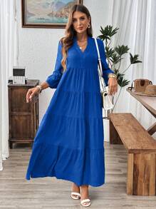 EMERY ROSE 1pc Textured Solid Color Flared Bell Sleeve Ruffle Hem Elegant Dress - Royal Blue - View 6