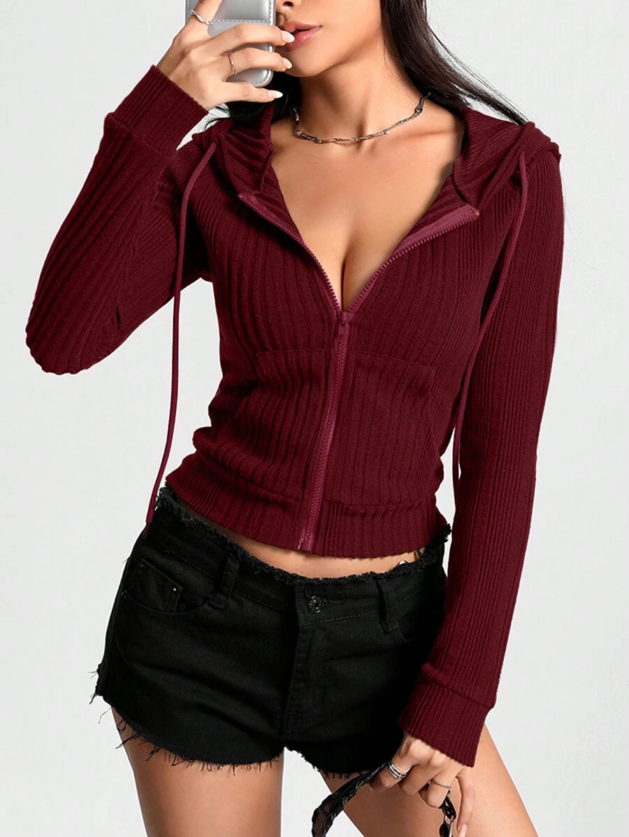 SHEIN Unity Zip-Up Drawstring Hooded Sweatshirt, Autumn Fuzzy Rib Knit Stylish Women Hoodie - Maroon - View 1