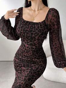 Modelyn Leopard Print Pleated Square Neck Long Sleeve Mesh Overlay Dress Burgundy Maxi Women Outfit Long Evening Dresses - Burgundy - View 4