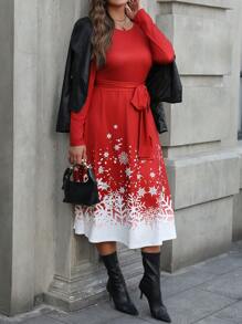 SHEIN LUNE Vestido de talla grande con estampado de bloques de color, copos de nieve y degradado