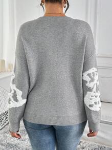 EMERY ROSE Plus Size Women's Jacquard Knitted Long Sleeve Sweater - Grey - View 2