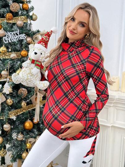 SHEIN Maternity Rhombus Pattern Turtleneck Long Sleeve T-Shirt, Red Green Yellow