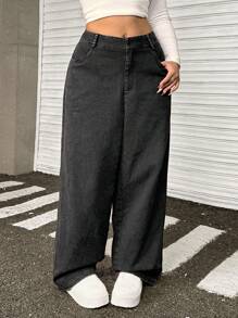 SHEIN EZwear Plus Size Black Distressed Wide-Leg Pants