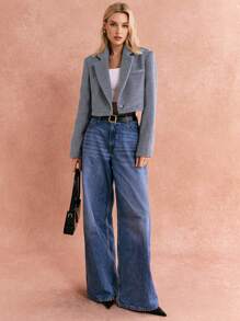 Poéselle Áo khoác vest ngắn màu xám, Áo khoác cổ đứng đơn hàng khuy đơn giản cho nữ, Mùa thu, Lông thú, May đo ba chiều, Thời trang đơn giản, Phong cách tiền cũ, Thích hợp mặc hàng ngày trên phố, đi làm và các dịp khác - Xám - Xem 2