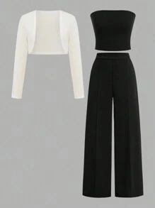 Sweetra Young 3pcs/Set Teenage Girls Elegant Imitated Commuter Simple Vest & Camisole & Pants Set, Autumn Winter