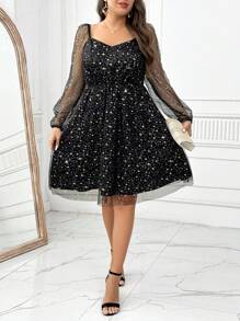 SHEIN Clasi Damen Kleid in Große Größen, langärmelig, mit Muster, Lässig, Mesh-Material