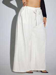 SHEIN SXY Plus Size Casual Solid Color Drawstring Waist Wide Leg Pants, Autumn - White - View 3
