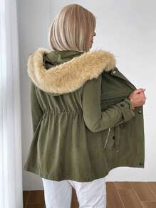 SHEIN LUNE Women Casual Cinched Waist Zip Up Contrast Fuzzy Trim Hooded Coat, Winter Clothes
