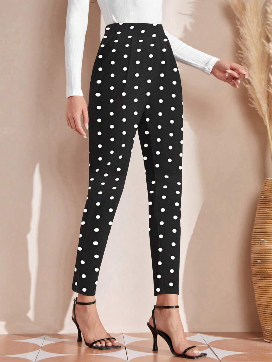 EMERY ROSE 波点印花口袋装饰休闲直筒裤 - 黑色 - 查看 1