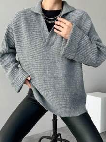 SHEIN LUNE Plus Size Turn-Down Collar Loose Pullover Sweaterbusiness Casual Woman,Holiday Outfits,Country Tops - Grey - View 7