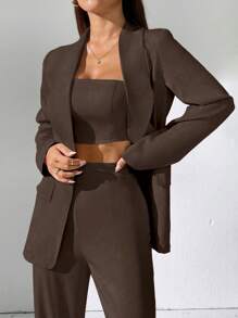 Calvaya Conjunto elegante de chaleco corto con cuello de chal y pantalones de traje de unicolor para mujer, otoño e invierno