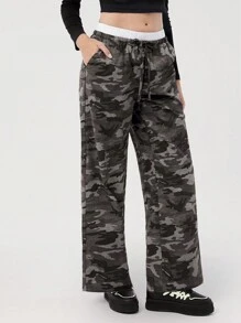 Easelle 女士休闲迷彩印花阔腿裤，适合秋季外出 - 軍綠色 - 查看 2