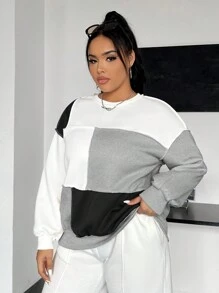 SHEIN EZwear Áo nỉ dáng rộng màu khối lớn thả vai cho thường ngày, mùa thu - Xám - Xem 3